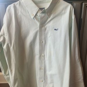 Light green and white stripe vv button down